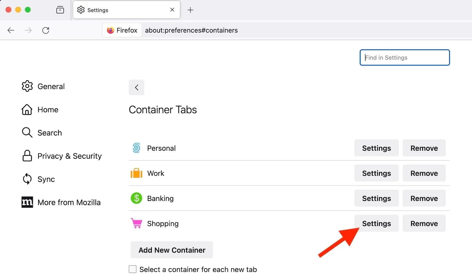 Nút &quot;Settings...&quot; để cấu hình chi tiết các Container trong Firefox