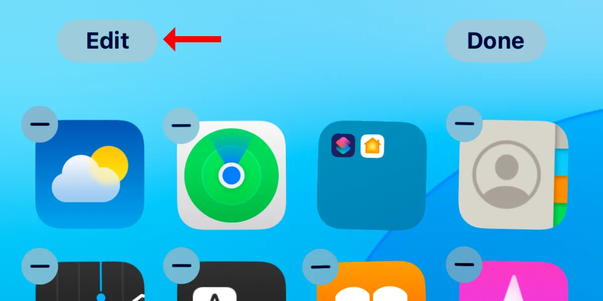 Nút &quot;Sửa&quot; (Edit) trên màn hình chính iPhone trong chế độ chỉnh sửa.