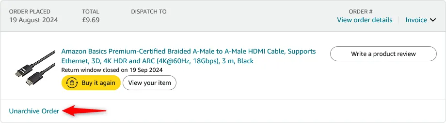 Nút &quot;Unarchive Order&quot; để bỏ ẩn và khôi phục đơn hàng đã lưu trữ trên Amazon.