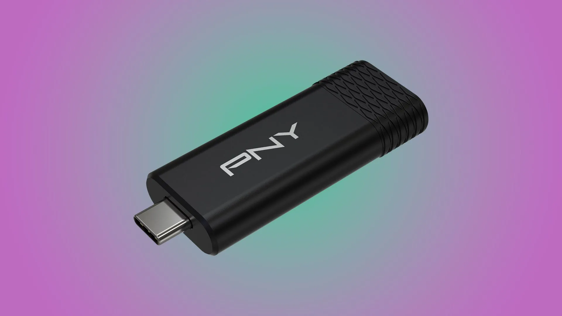 Ổ đĩa flash USB-C của PNY với thiết kế nhỏ gọn, biểu thị tốc độ truyền dữ liệu nhanh.