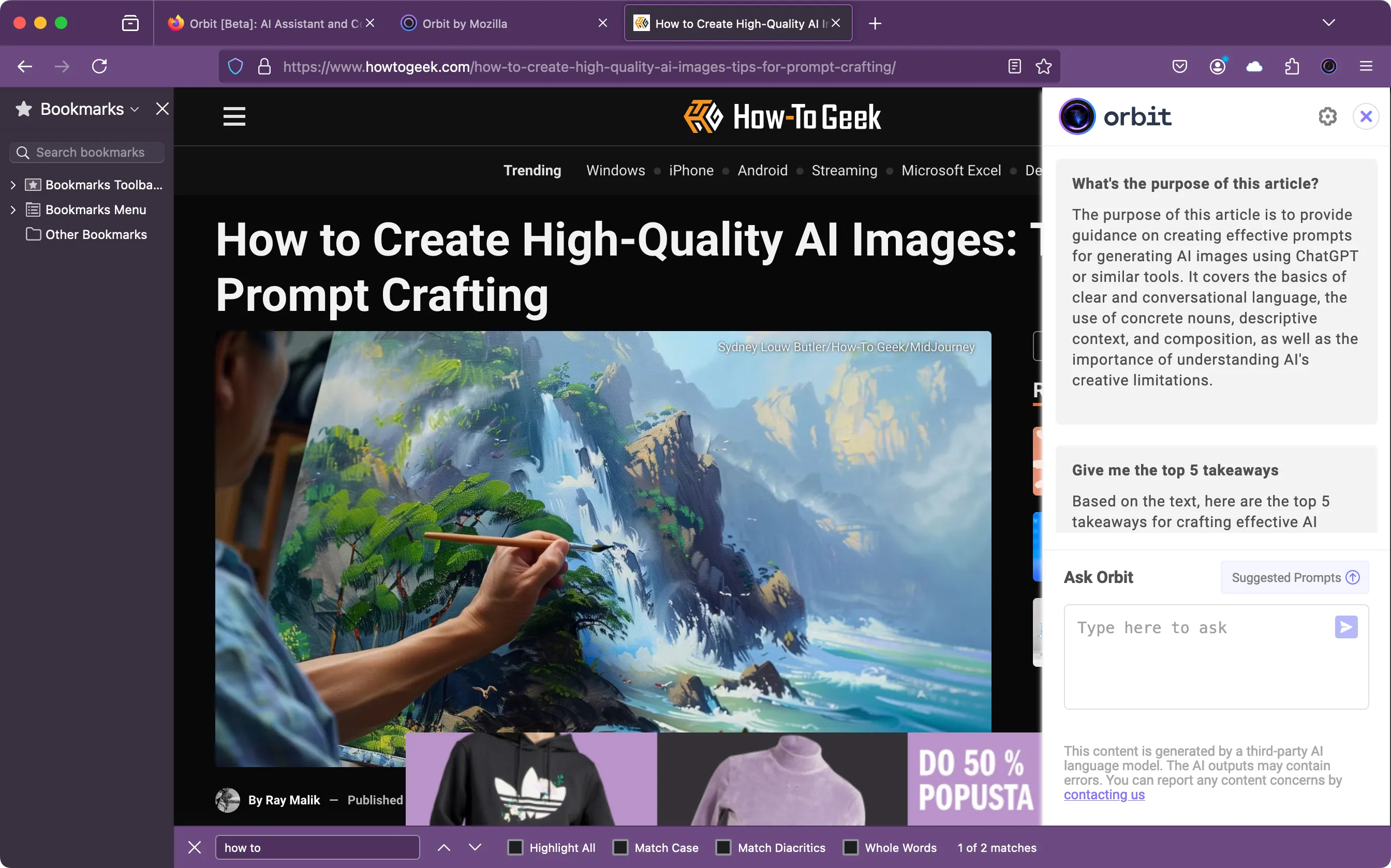 Orbit AI trong Firefox tóm tắt nội dung một bài viết trên web