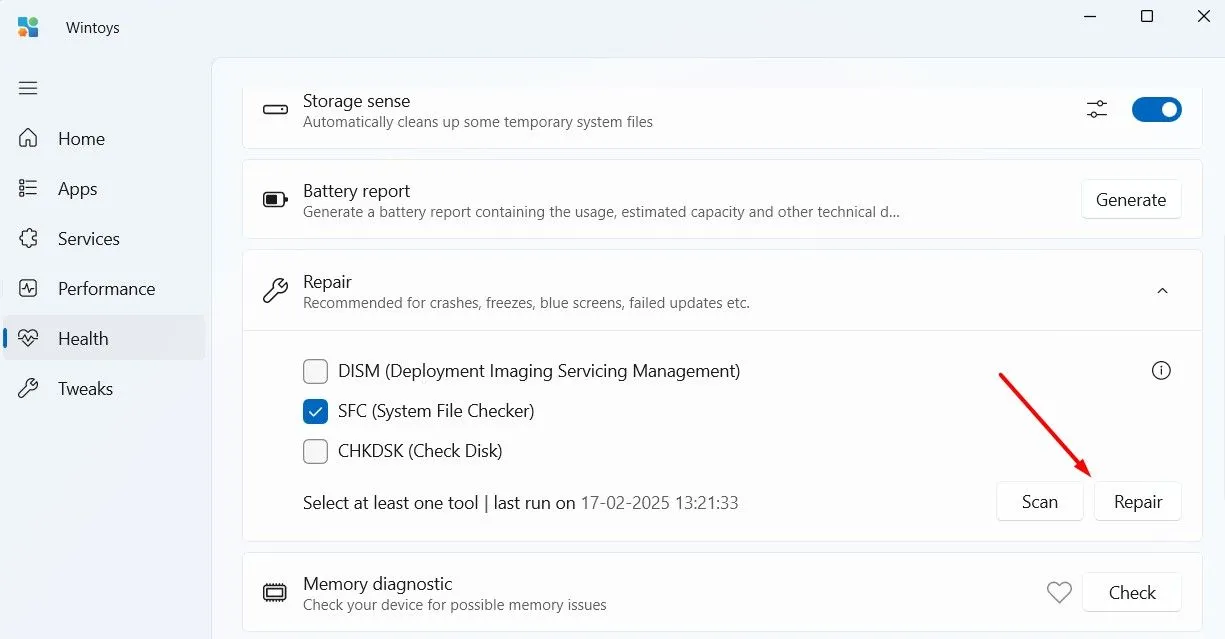 Phần sửa chữa lỗi Windows trong Wintoys, cung cấp các công cụ như SFC, DISM và CHKDSK.