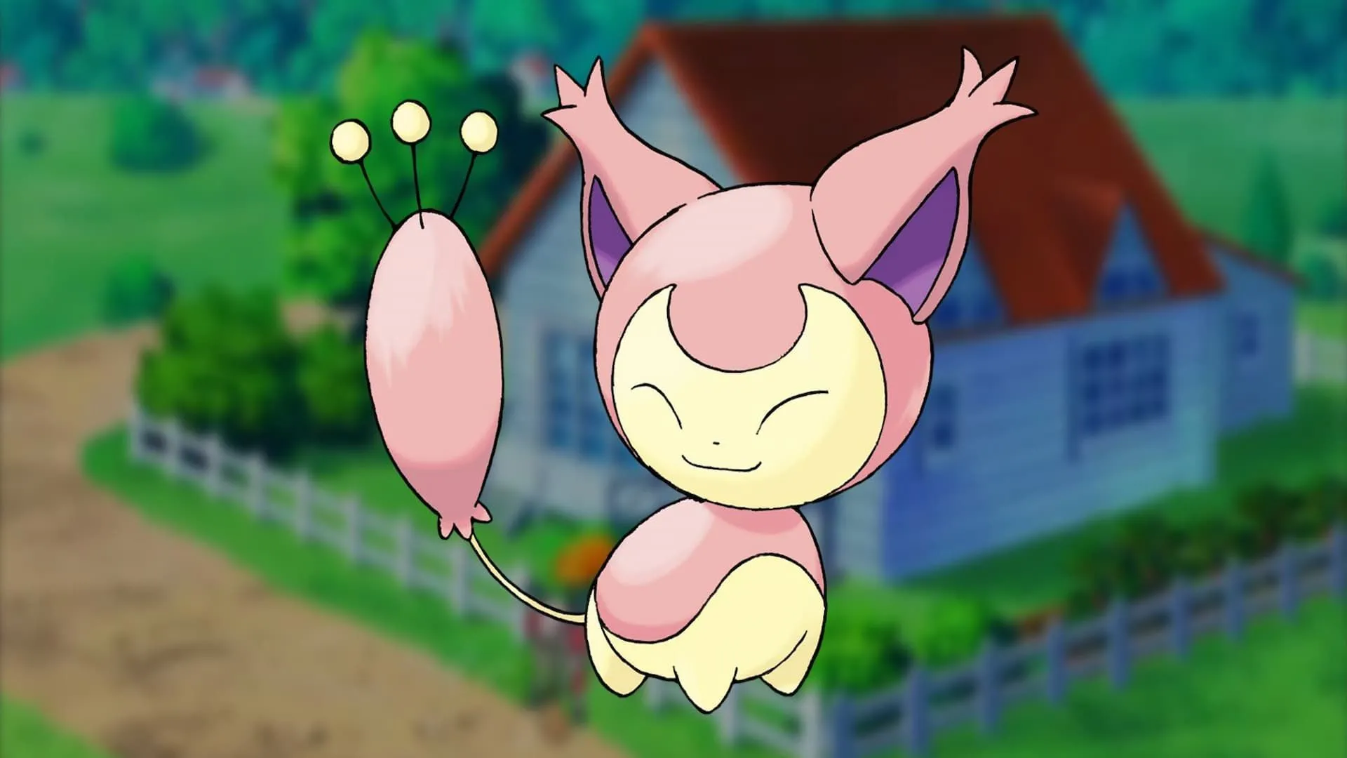 Pokémon Skitty màu hồng pastel, dễ thương đang ngồi giữa bối cảnh một ngôi nhà ấm cúng.