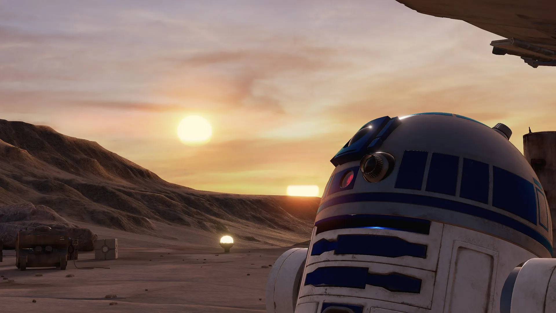 R2-D2 trên hành tinh sa mạc Tatooine với phi thuyền Millennium Falcon và cảnh hoàng hôn, biểu tượng của Star Wars VR
