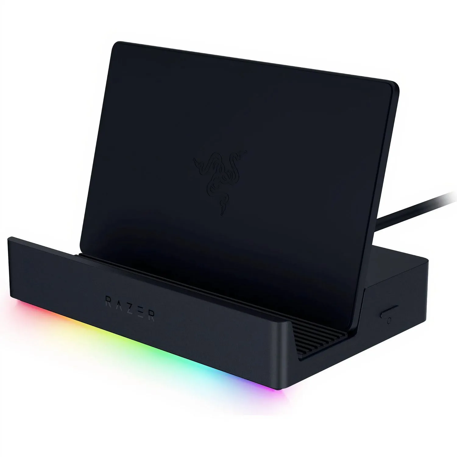 Razer Handheld Dock Chroma với thiết kế đèn RGB ấn tượng, sẵn sàng kết nối và sạc các thiết bị chơi game cầm tay.