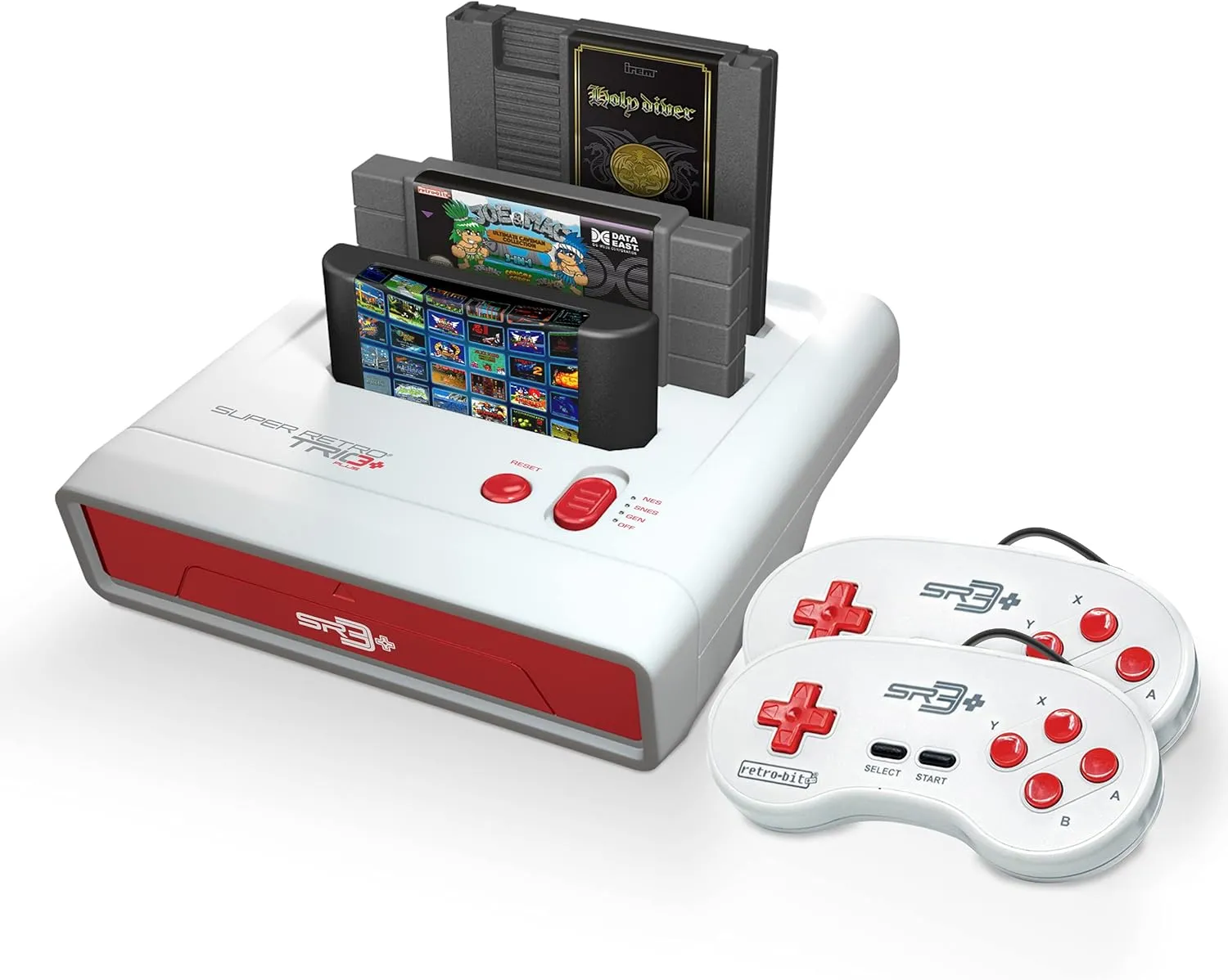 Retro-Bit Super Retro Trio HD Plus, console nhân bản chơi được băng NES, SNES và Genesis.