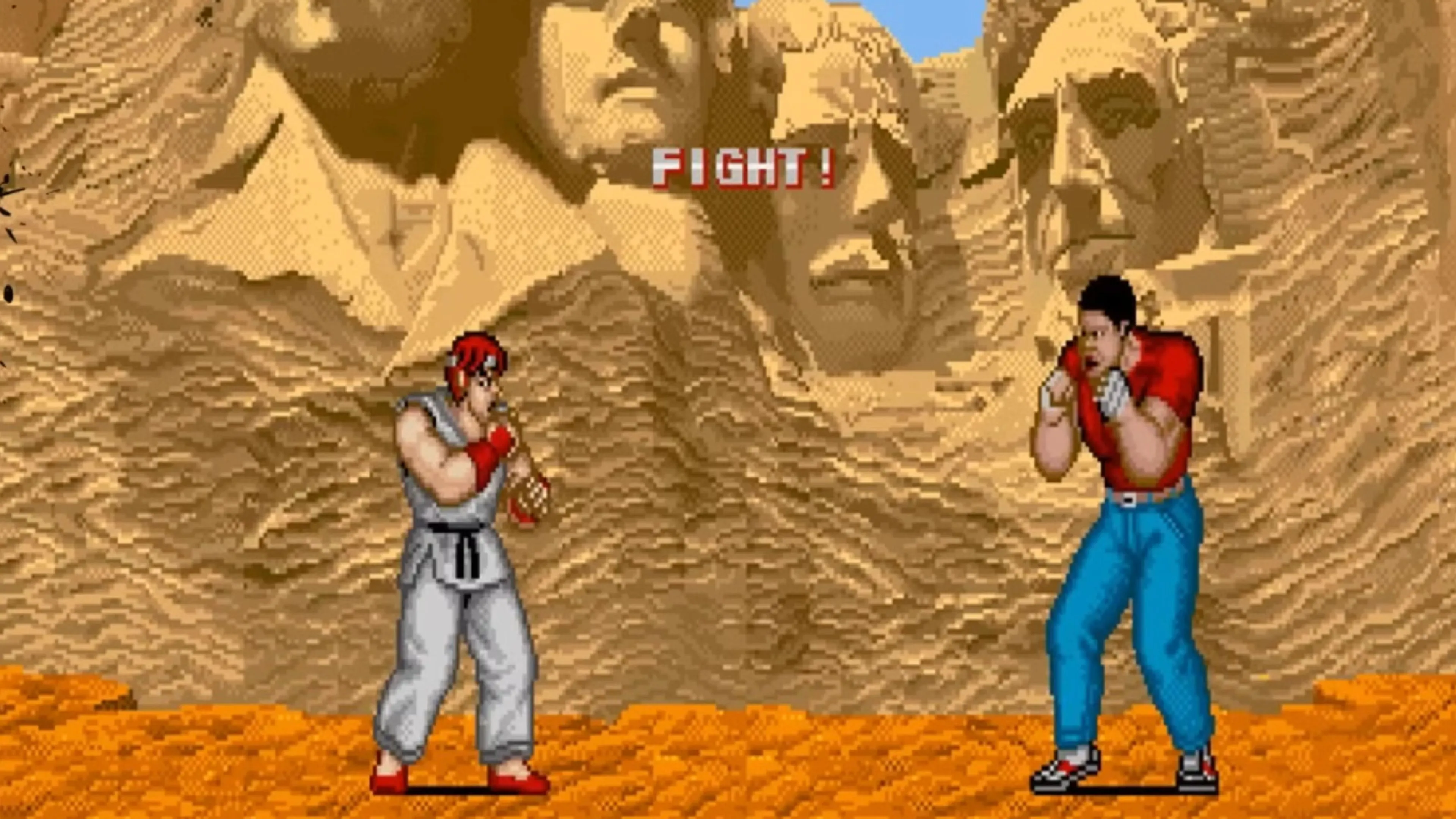 Ryu đối đầu Mike trong một cảnh game của Street Fighter 1987, làm nổi bật phong cách nghệ thuật và thiết kế nhân vật của trò chơi.