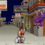 Ryu và Gen đối đầu trong màn hình gameplay của tựa game Street Fighter 1987, thể hiện đồ họa và phong cách chiến đấu tiên phong của game đối kháng.
