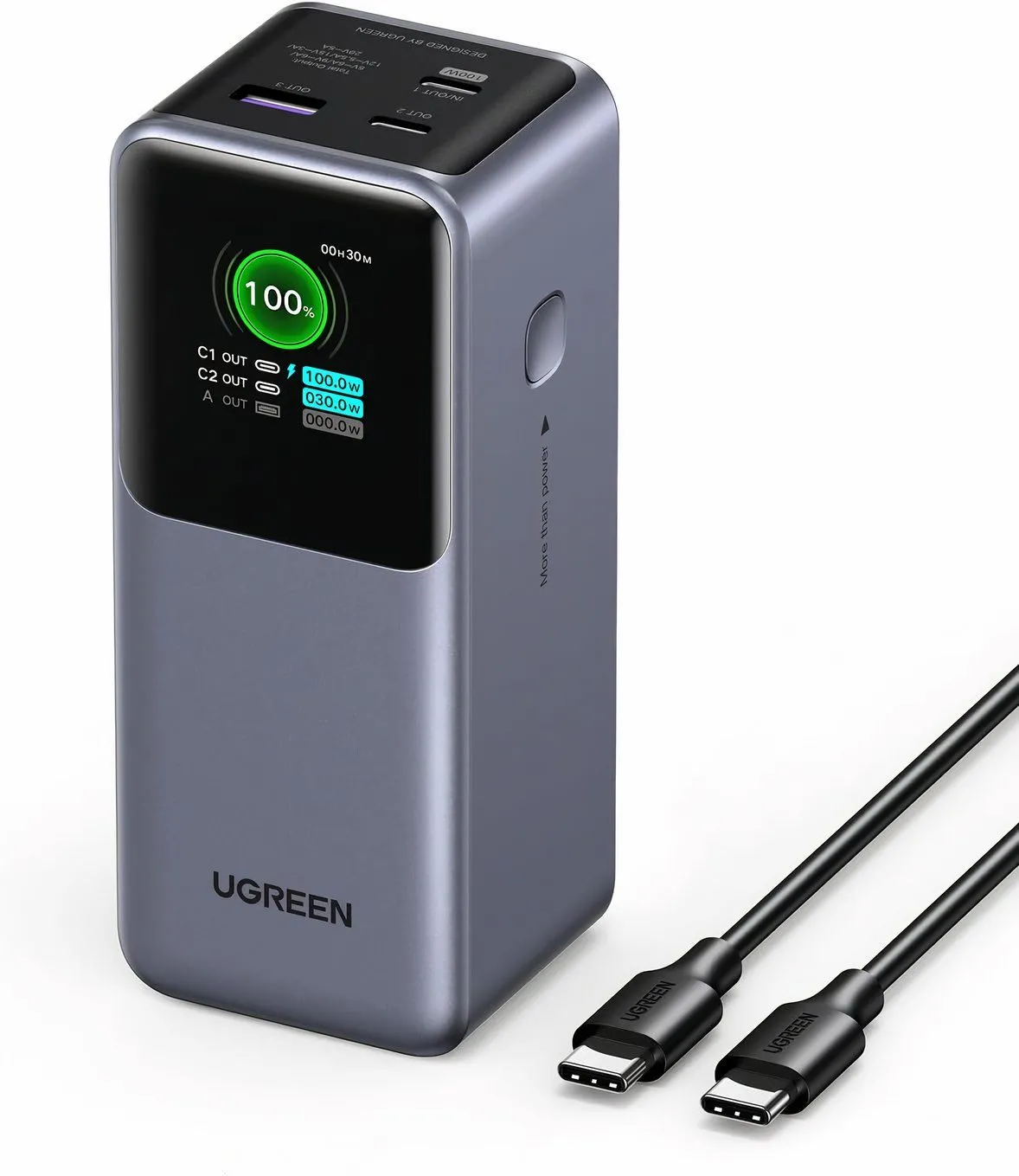 Sạc dự phòng Ugreen Nexode Power Bank 20000mAh 130W với các cổng kết nối và logo thương hiệu