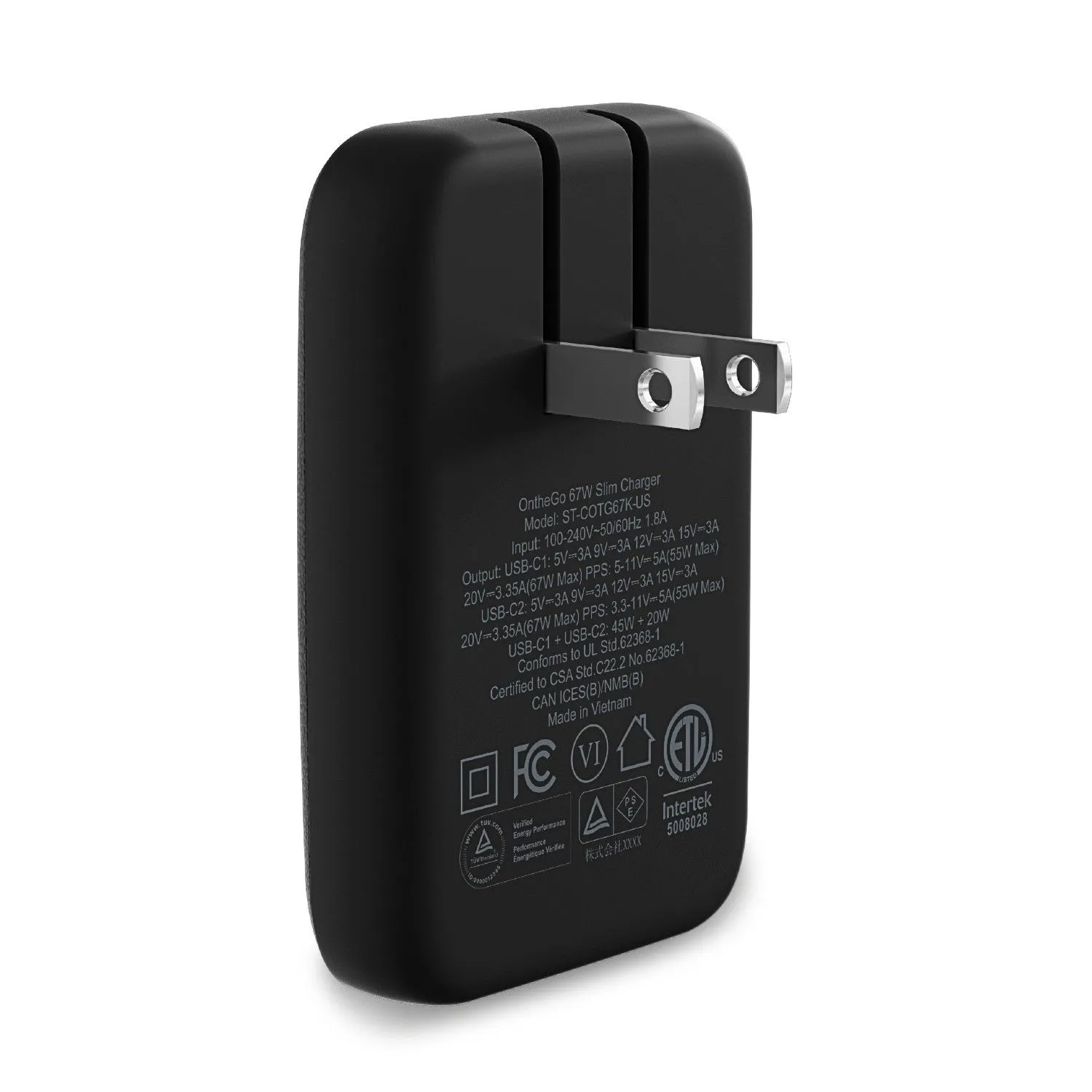 Sạc tường Satechi OntheGo 67W Slim màu đen trên nền trắng, thể hiện thiết kế siêu mỏng và tiện lợi