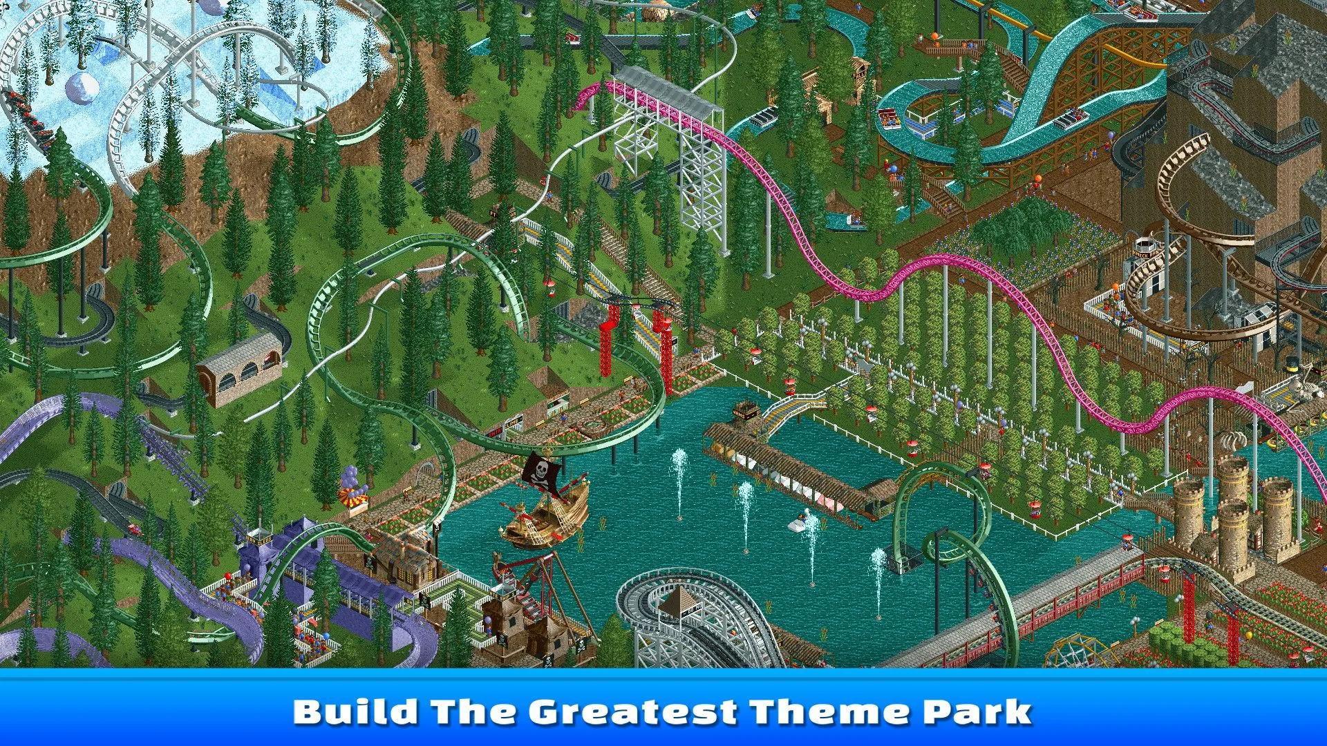 Sân chơi giải trí trong RollerCoaster Tycoon, minh họa khả năng xây dựng và quản lý công viên.