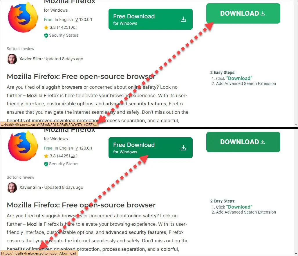 So sánh địa chỉ URL khi di chuột qua nút tải xuống thật (Firefox) và nút tải xuống giả mạo (doubleclick.net).