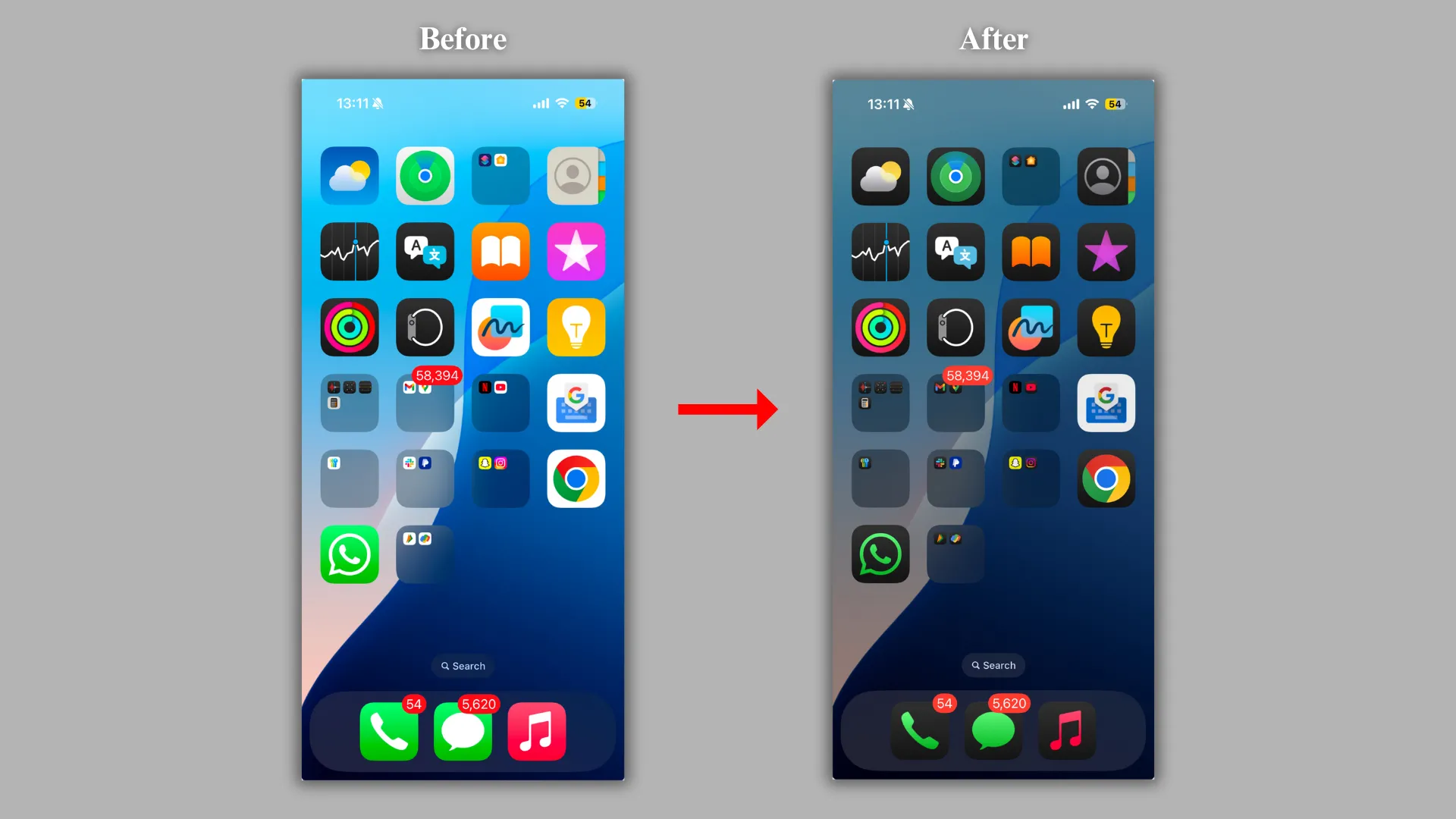 So sánh giao diện biểu tượng ứng dụng iPhone trước và sau khi áp dụng chế độ tối.