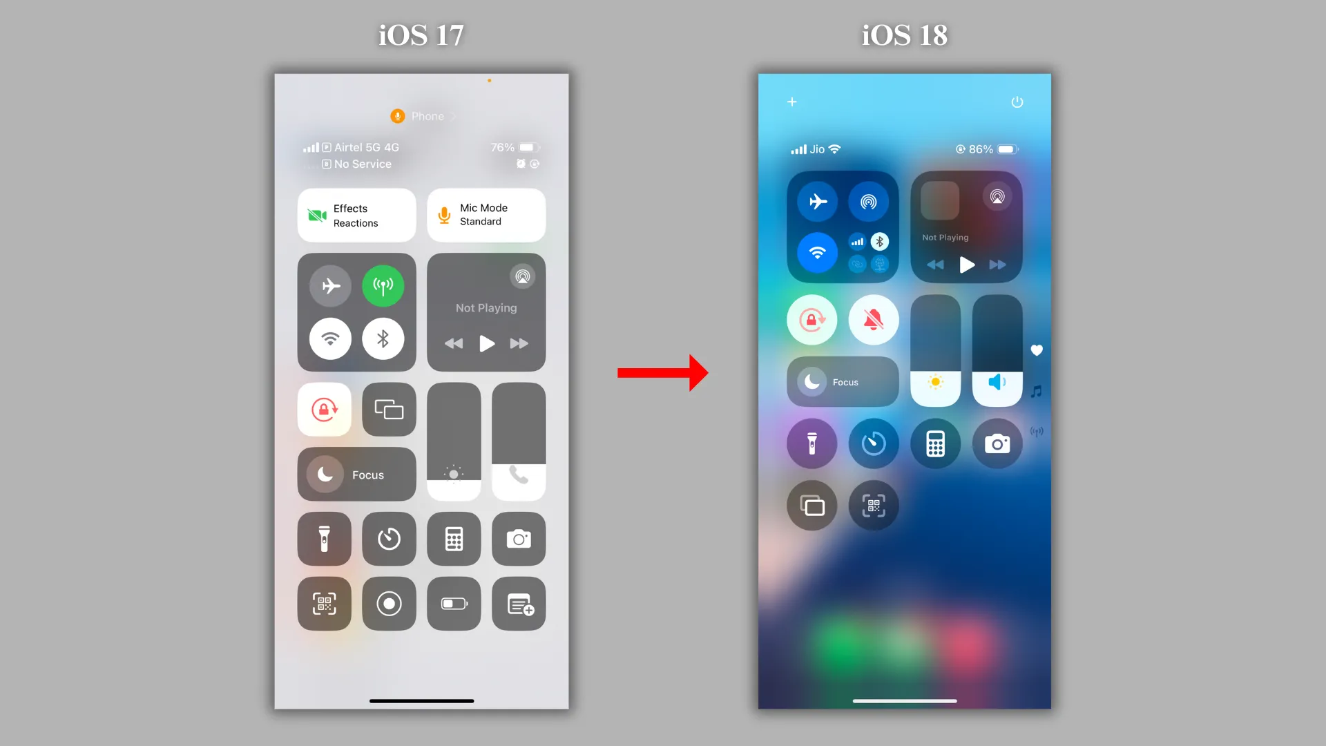 So sánh giao diện Control Center iOS 17 và iOS 18
