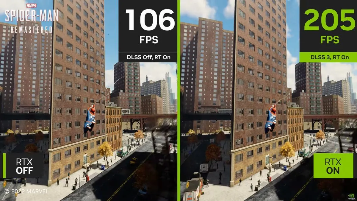 So sánh hiệu năng game Spider-Man Remastered với công nghệ DLSS 3 bật và tắt, minh họa khả năng tạo khung hình