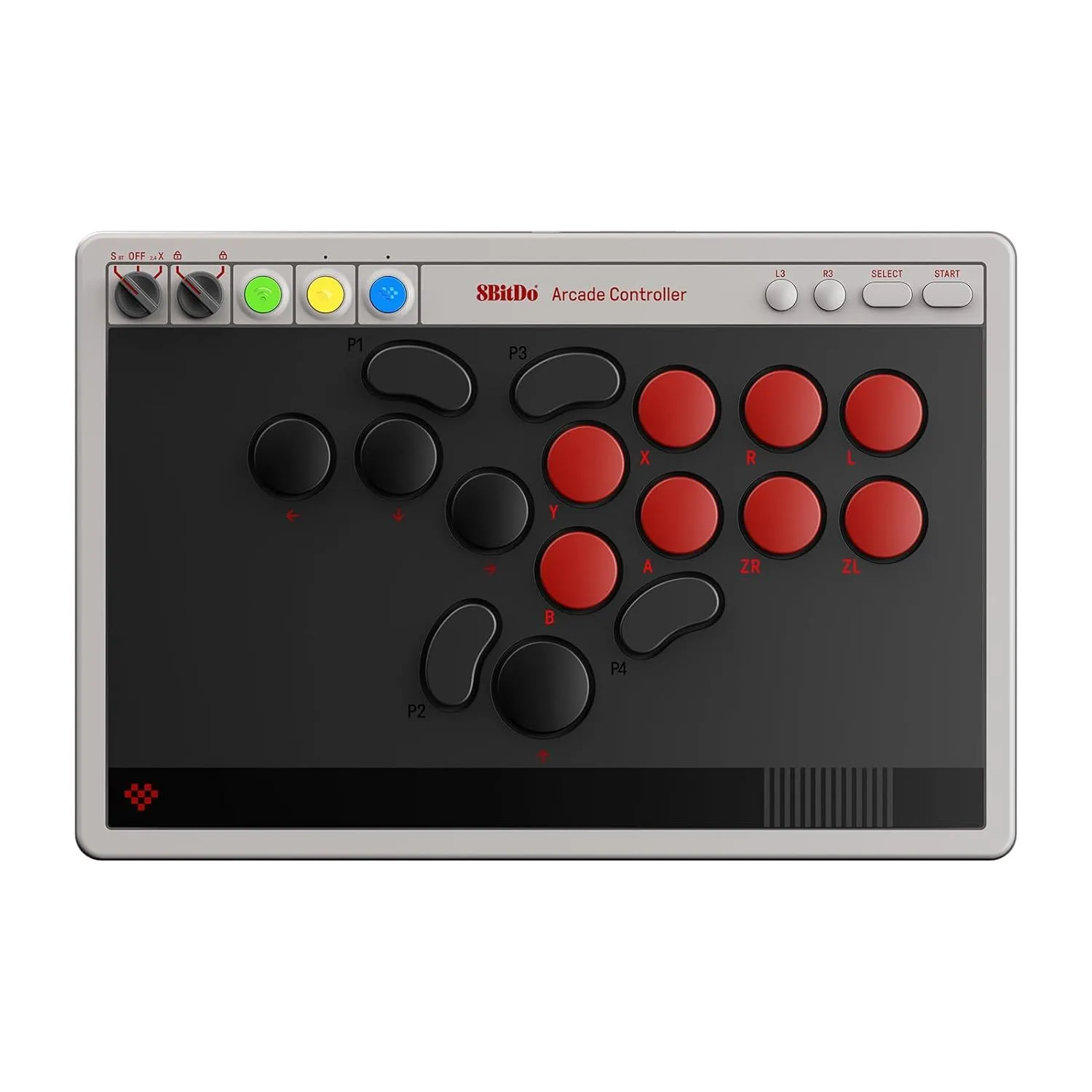 Tay cầm chơi game 8BitDo Arcade Controller với thiết kế siêu mỏng và các nút bấm cơ học Kailh Wizard được chiếu sáng.