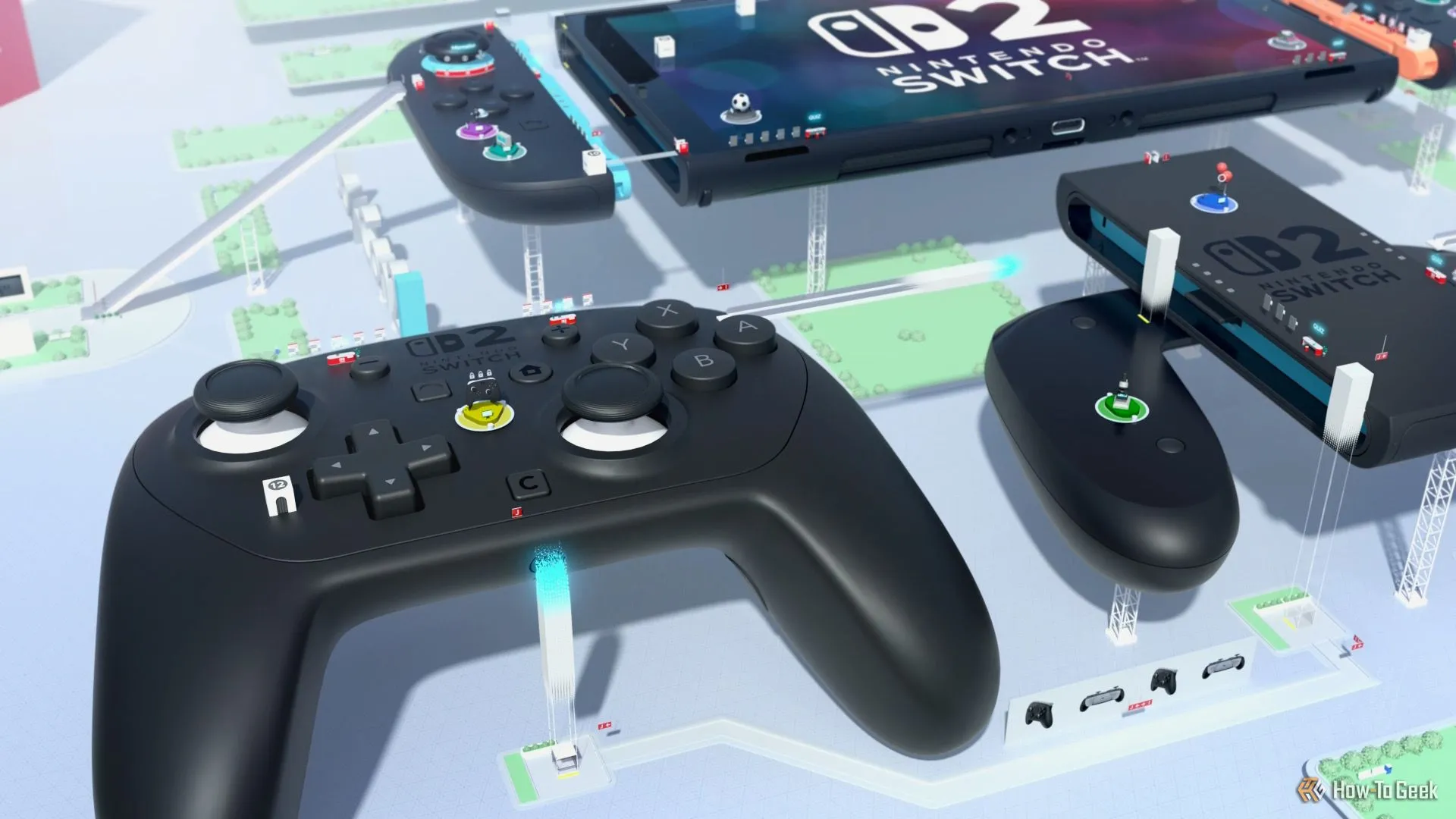 Tay cầm Nintendo Switch 2 Pro Controller và console trong Welcome Tour, minh họa thiết kế công thái học và cải tiến kỹ thuật