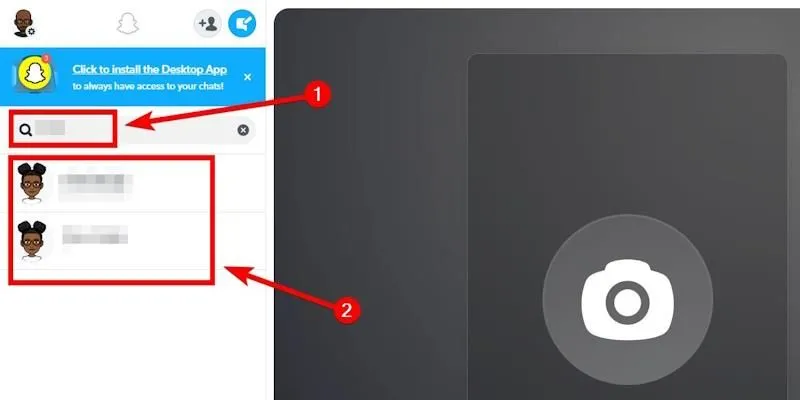 Thanh tìm kiếm bạn bè trên Snapchat Web để bắt đầu một cuộc trò chuyện cá nhân.