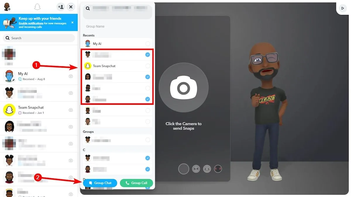 Thao tác tạo một nhóm chat mới trên Snapchat Web, chọn nhiều bạn bè cùng lúc.