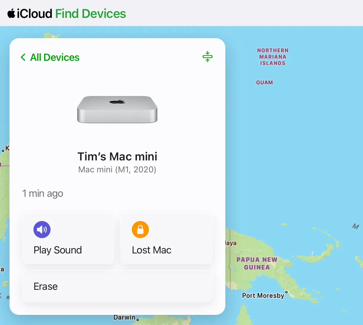 Thao tác xóa một chiếc Mac mini khỏi tài khoản iCloud, cho thấy cách gỡ bỏ thiết bị khỏi tài khoản để loại bỏ Activation Lock.