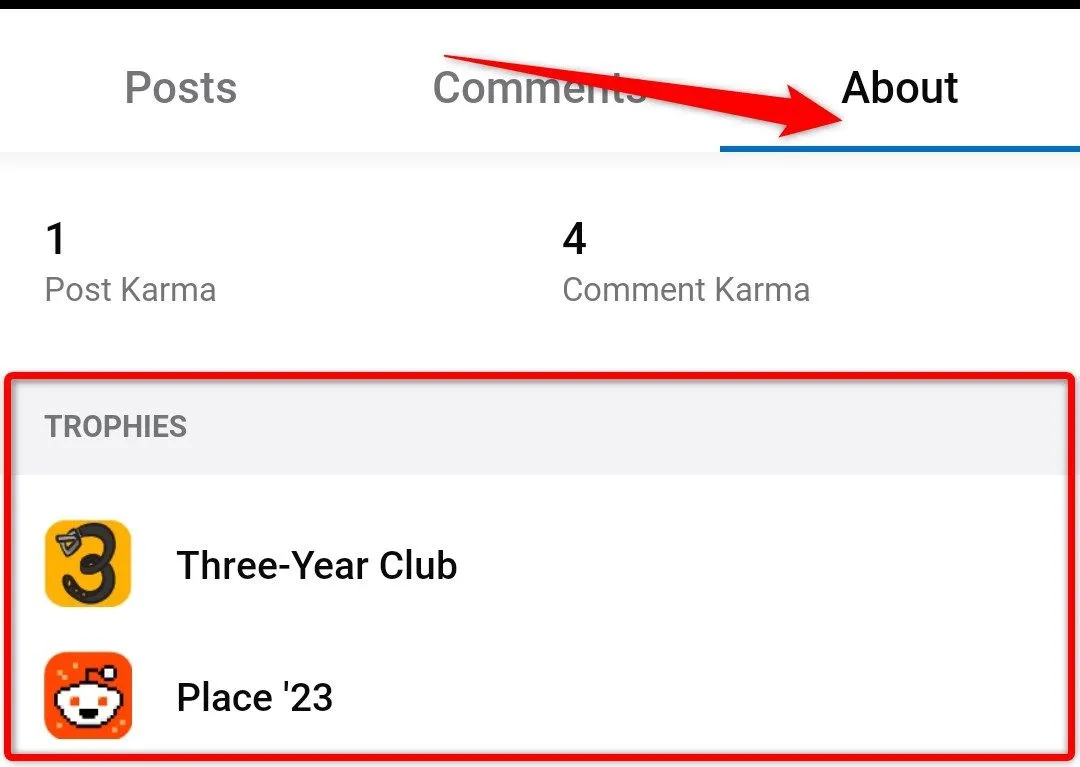 Thẻ 'About' trong hồ sơ Reddit trên điện thoại hiển thị bộ sưu tập Trophies