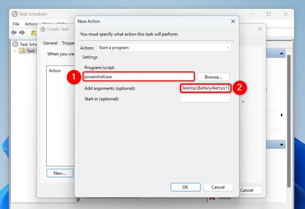 Thêm hành động chạy script PowerShell cảnh báo pin trong Task Scheduler