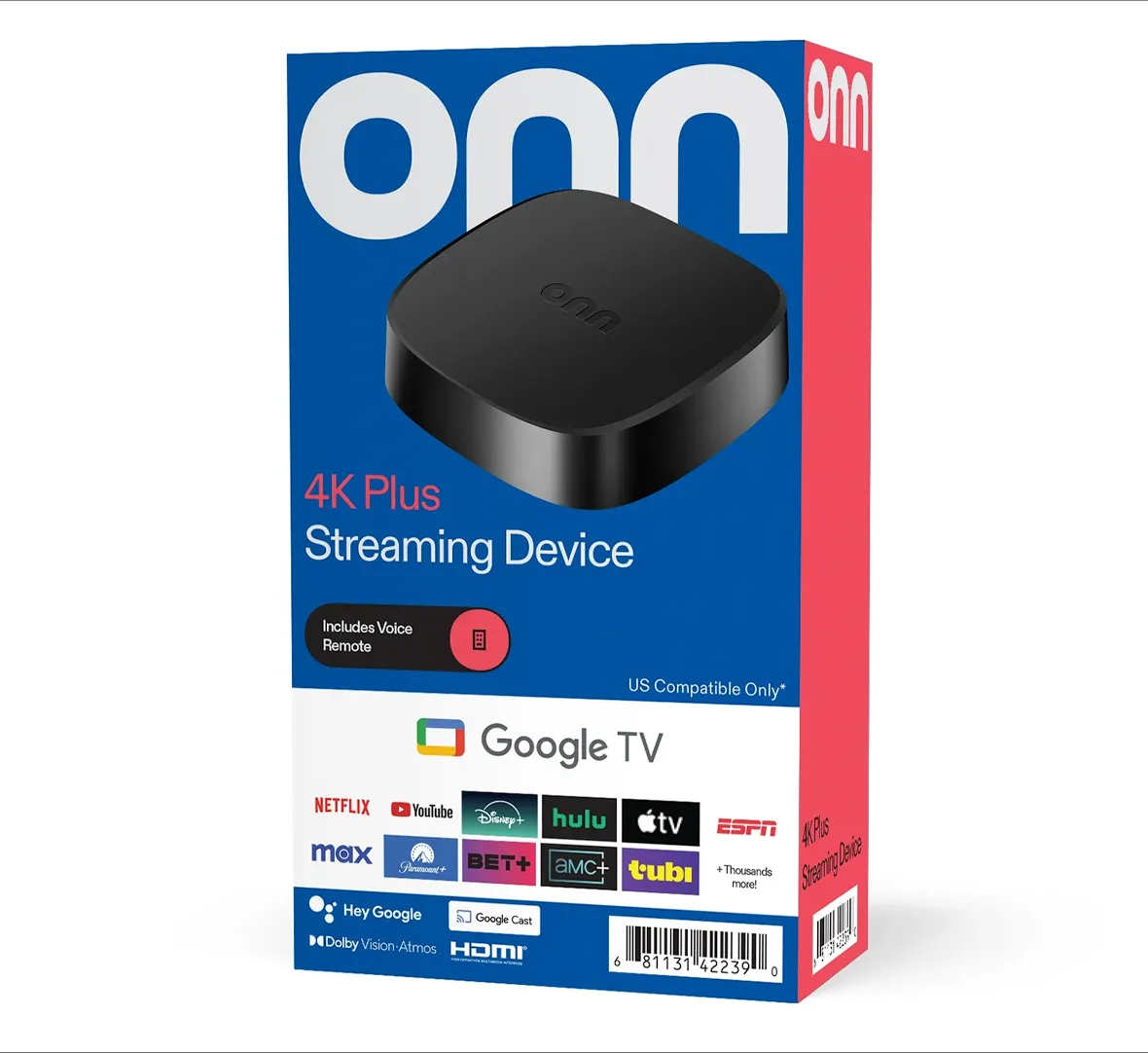 Thiết bị streaming Onn 4K Plus Google TV với điều khiển giọng nói