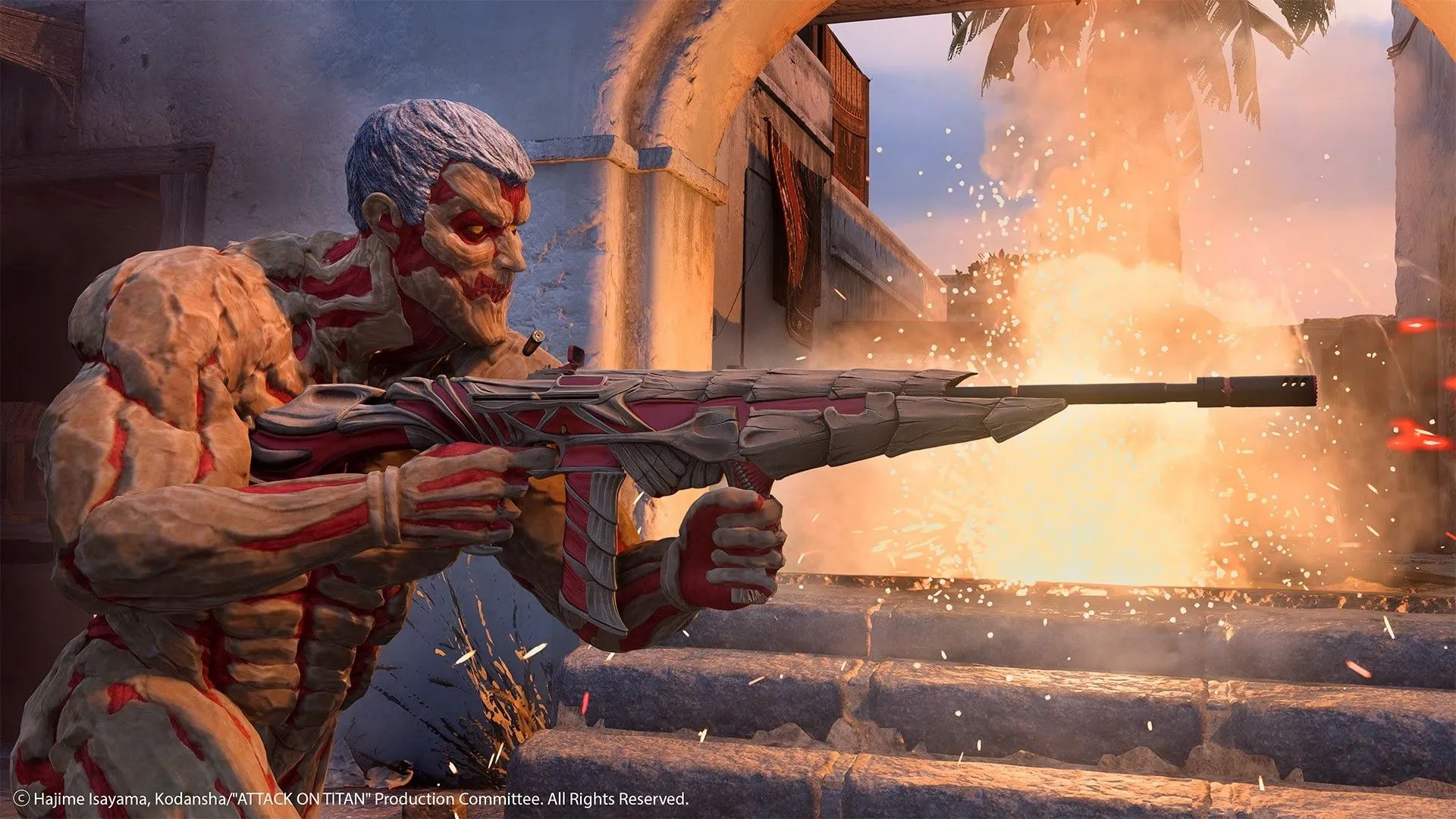Thiết giáp Titan từ Attack on Titan cầm súng trong Call of Duty: Warzone, cho thấy sự không tương thích về phong cách đồ họa
