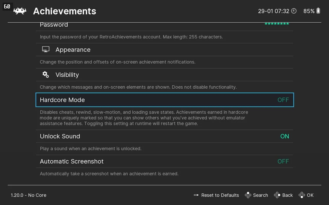 Thiết lập Chế độ &quot;Hardcore&quot; trong RetroArch, mang đến thử thách tối đa khi săn thành tích RetroAchievements.