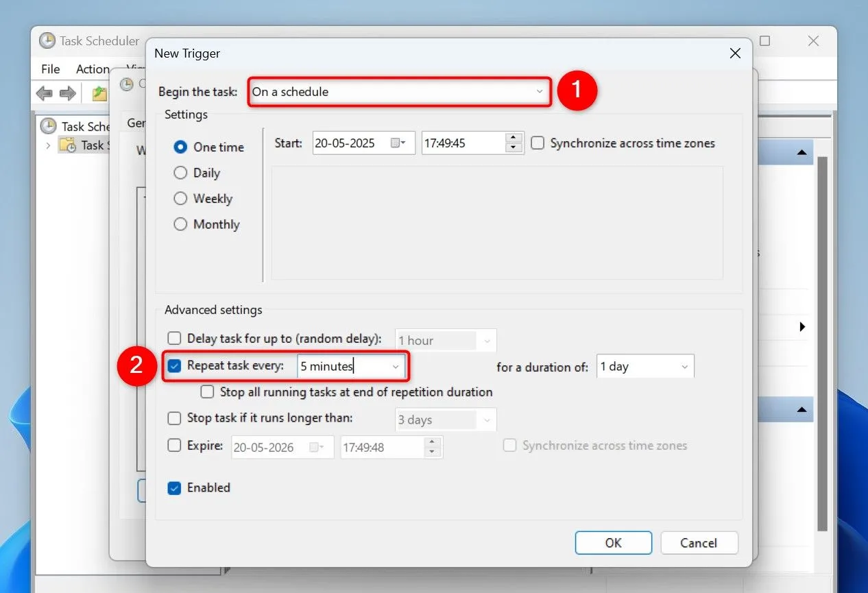 Thiết lập lịch trình lặp lại cho tác vụ cảnh báo pin trong Task Scheduler
