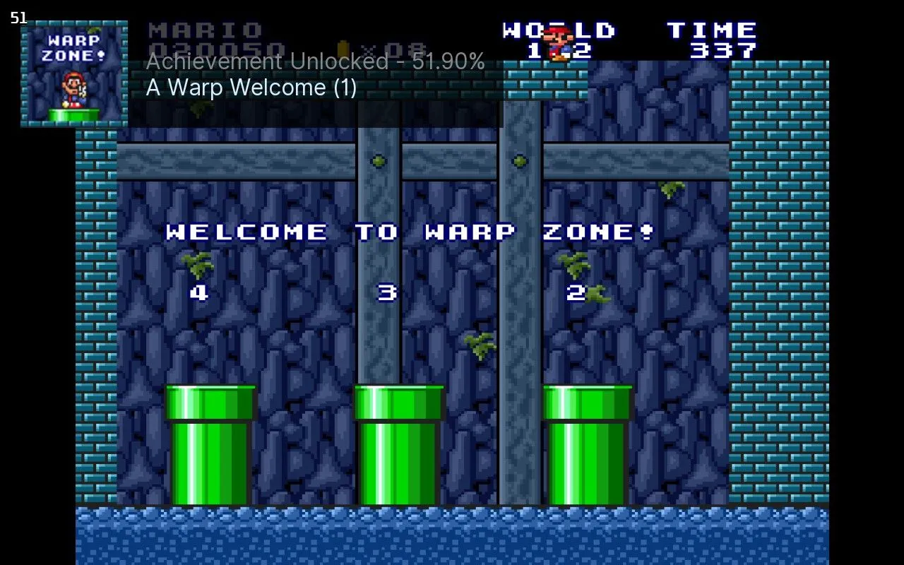 Thông báo thành tích RetroAchievements được mở khóa trong game Super Mario All-Stars trên giả lập.