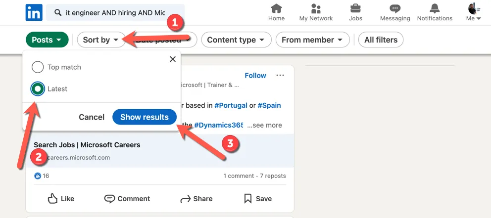 Tìm kiếm bài viết trên LinkedIn, minh họa cách sắp xếp kết quả theo &quot;Mới nhất&quot; để xem các tin tuyển dụng trực tiếp vừa được đăng tải