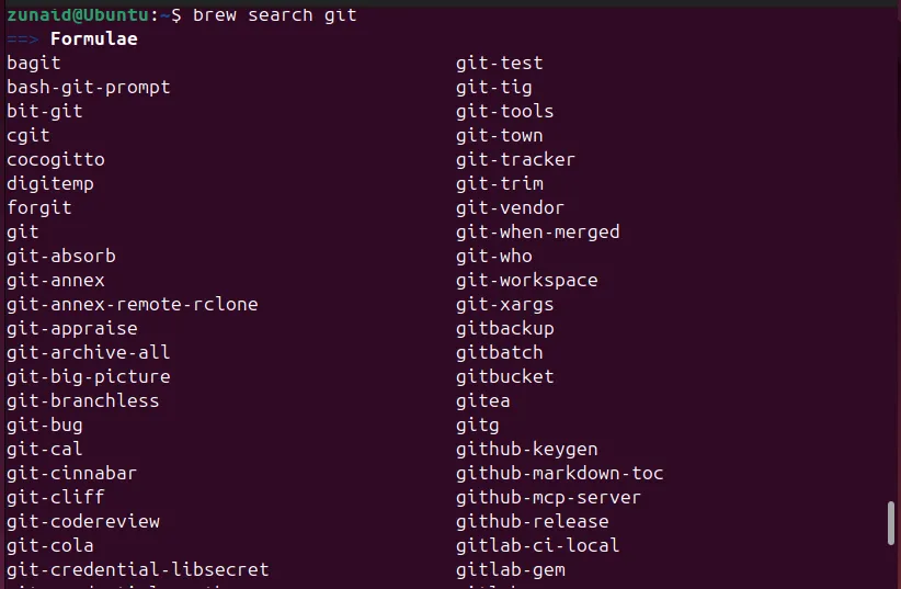 Tìm kiếm các gói liên quan đến &quot;git&quot; bằng lệnh brew search trong terminal Linux.