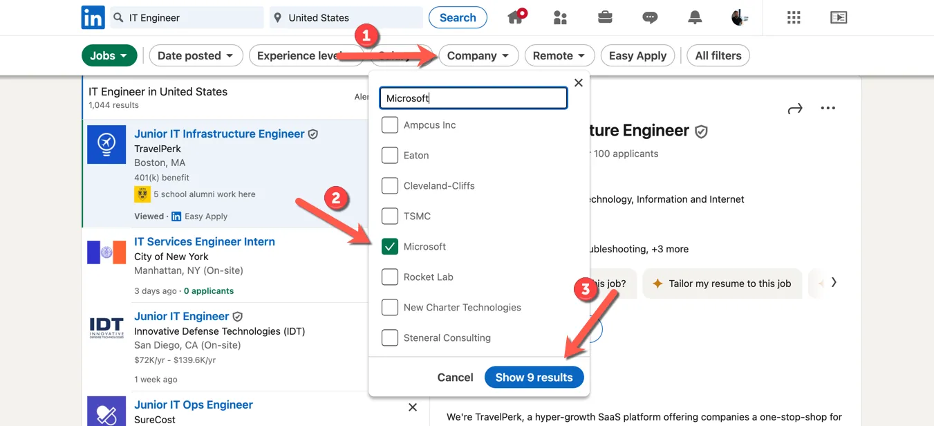 Tìm kiếm việc làm trên LinkedIn, minh họa các bước lọc theo công ty cụ thể để tập trung vào nhà tuyển dụng mong muốn