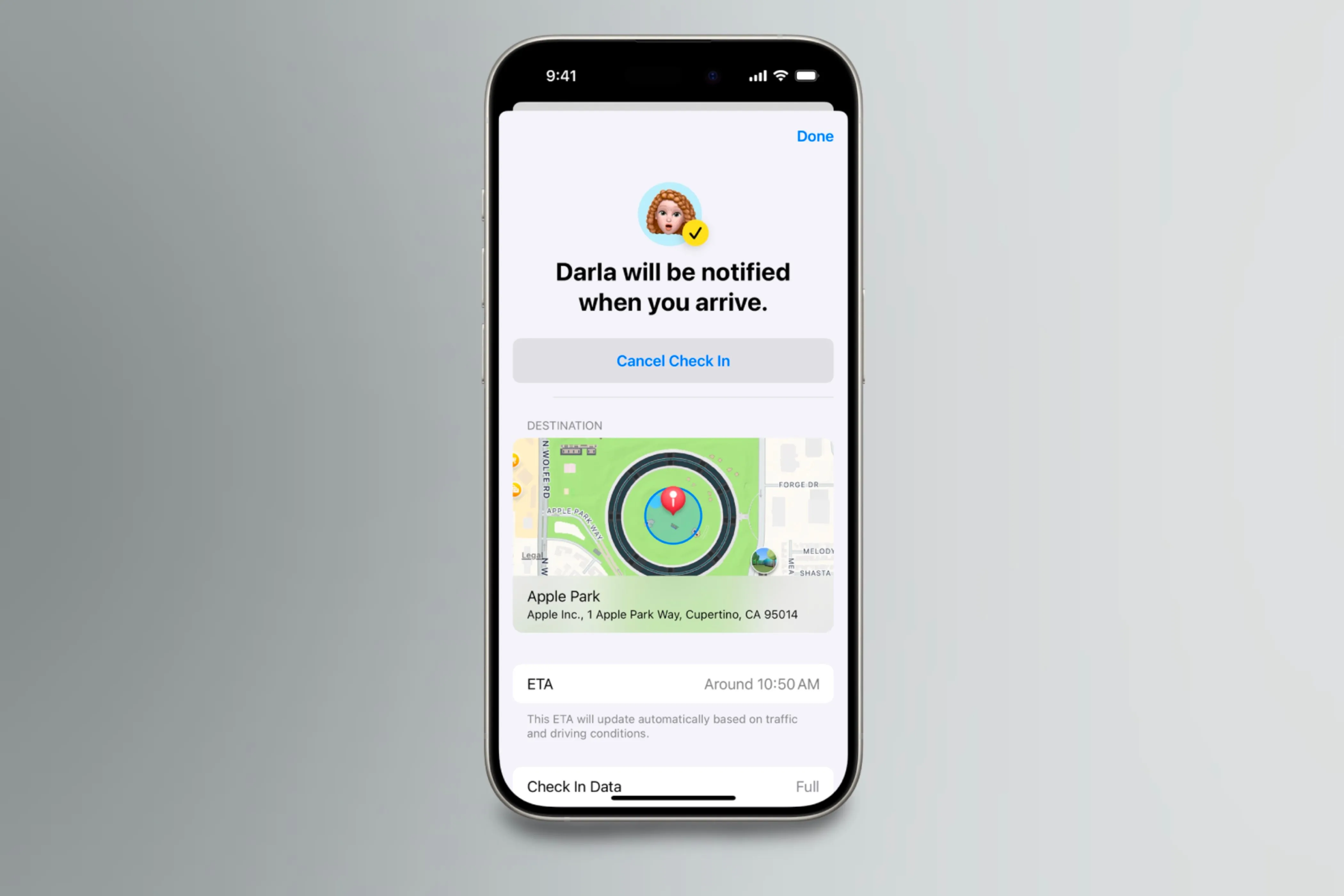 Tin nhắn Check In hiển thị trên iPhone, minh họa tính năng an toàn của iOS 17.