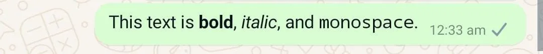 Tin nhắn WhatsApp thể hiện sự kết hợp đa dạng các định dạng như in đậm, in nghiêng và monospace để tăng cường sự rõ ràng.