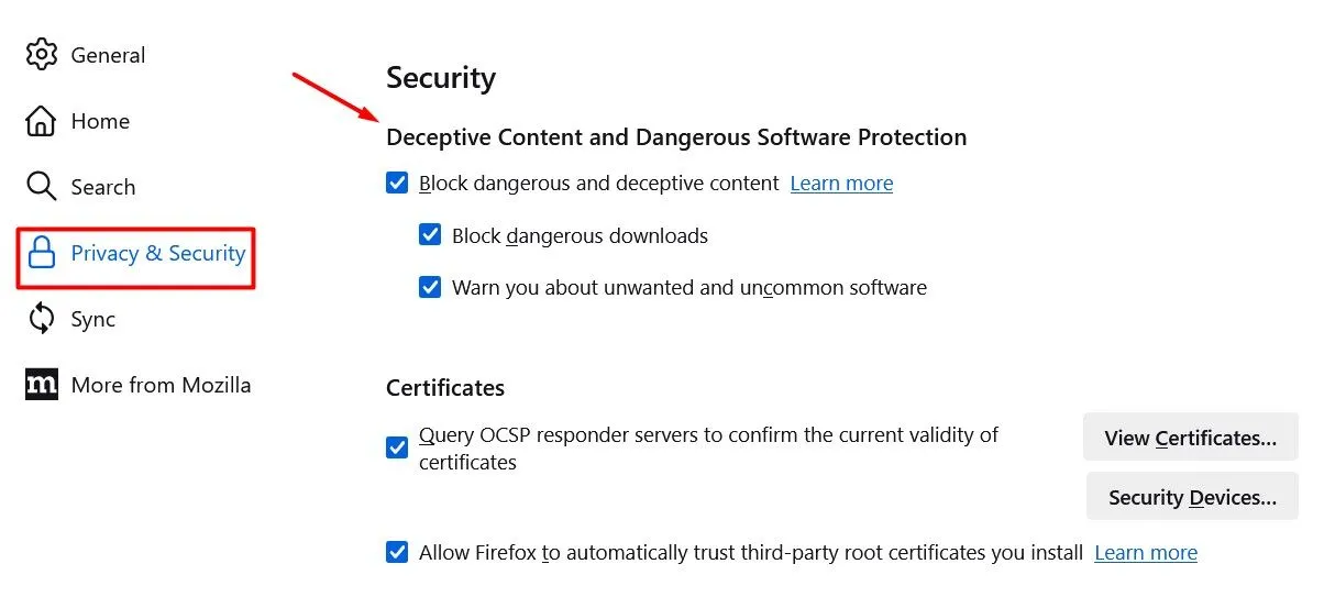 Tính năng bảo vệ chống lừa đảo và phần mềm độc hại của Firefox