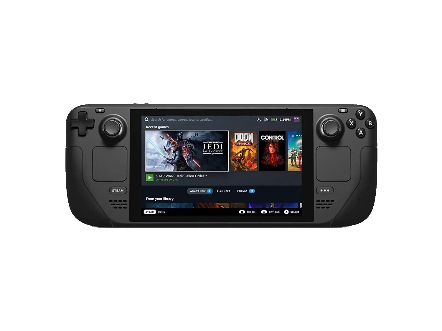 Toàn cảnh máy chơi game cầm tay Steam Deck của Valve, với các nút điều khiển và màn hình rõ nét