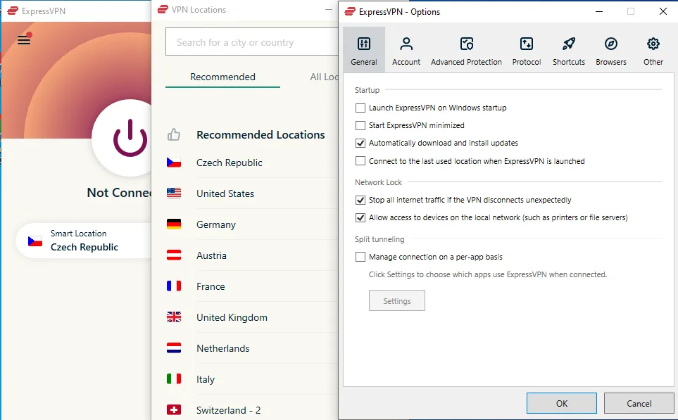 Tổng quan ba cửa sổ chính của ExpressVPN: giao diện chính, lựa chọn máy chủ và cài đặt