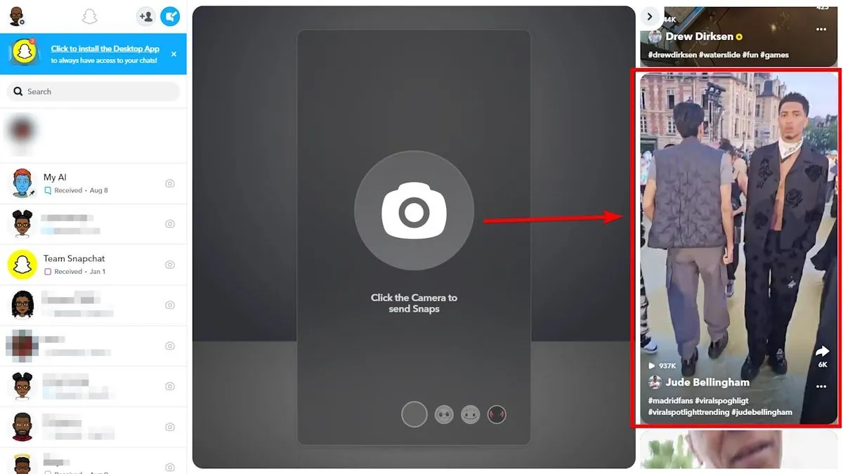 Trải nghiệm xem Spotlight Snap trên Snapchat Web, cuộn để chuyển đổi giữa các nội dung.