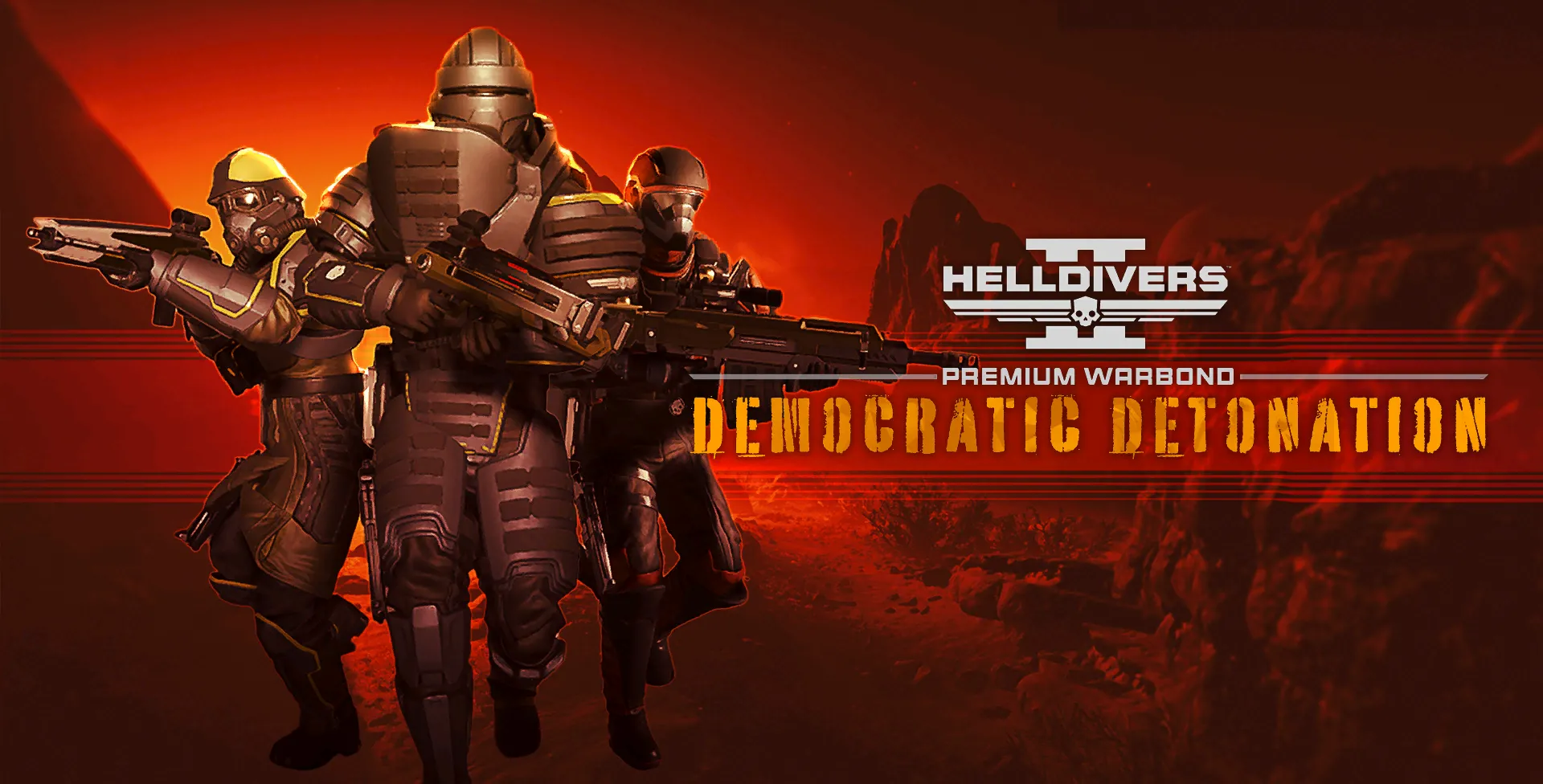 Trang bìa gói chiến đấu cao cấp Democratic Detonation trong game Helldivers 2, hiển thị cảnh chiến đấu dữ dội với nhiều vụ nổ.