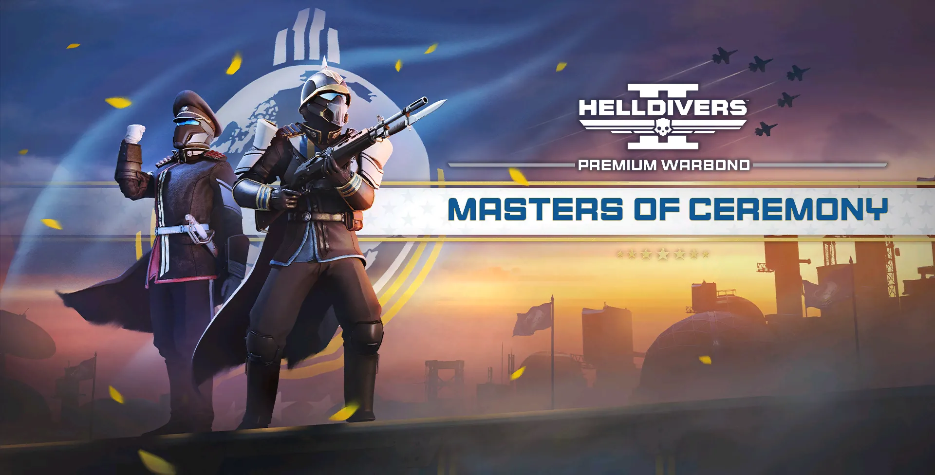 Trang bìa gói chiến đấu cao cấp Masters of Ceremony trong game Helldivers 2, hiển thị một lính Helldiver trong bộ giáp màu đỏ rực rỡ.
