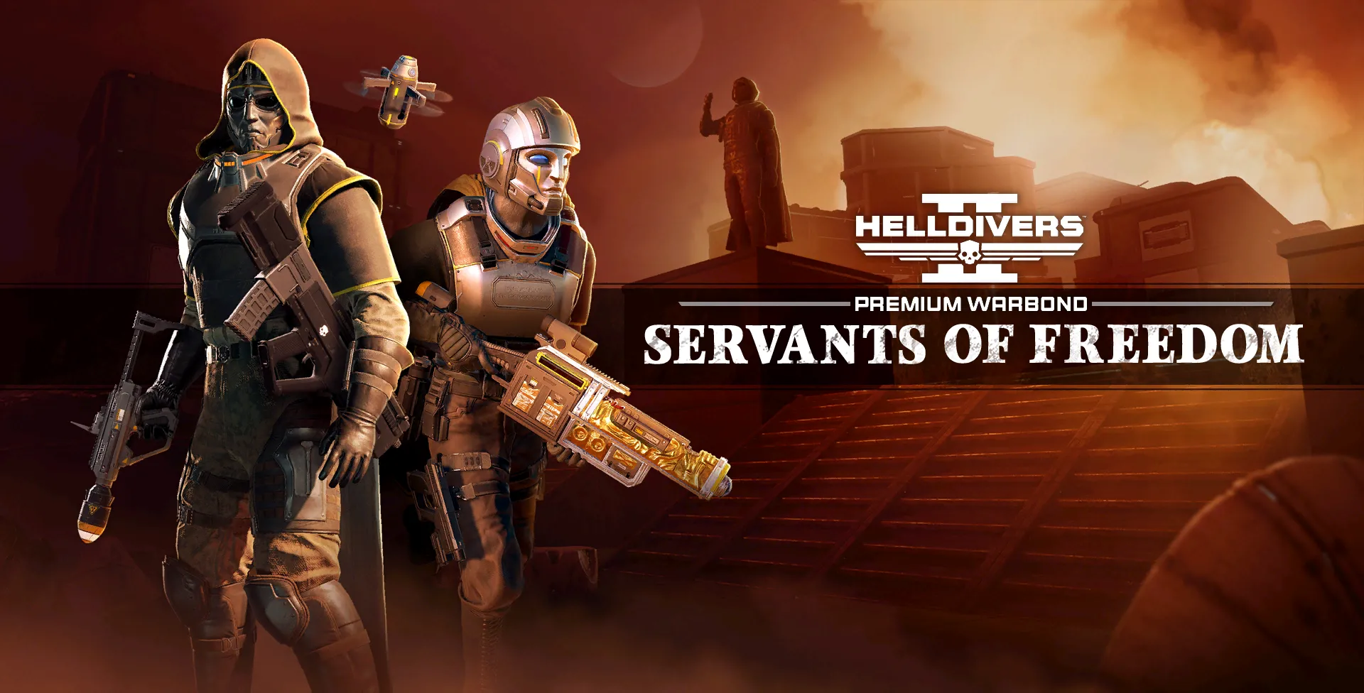 Trang bìa gói chiến đấu cao cấp Servants of Freedom trong game Helldivers 2, với hình ảnh lính Helldiver cầm một khẩu súng phóng lựu mạnh mẽ.