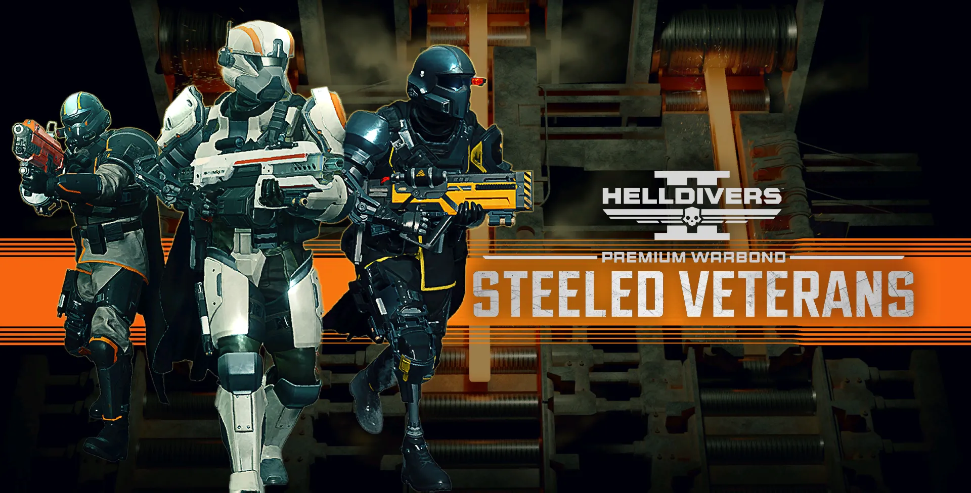 Trang bìa gói chiến đấu cao cấp The Steeled Veterans trong game Helldivers 2, với một lính Helldiver đứng trước cảnh chiến trường đổ nát.