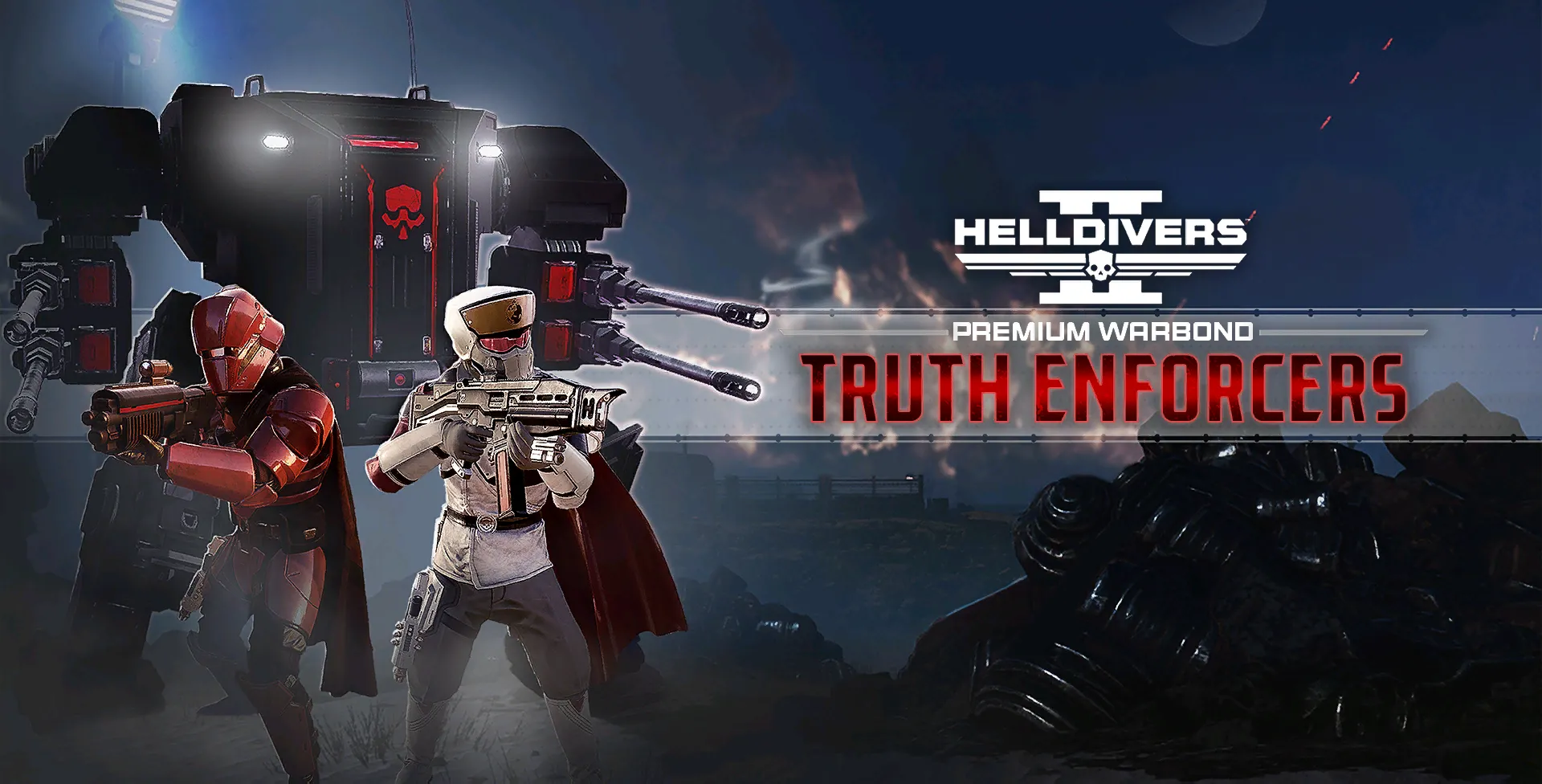 Trang bìa gói chiến đấu cao cấp Truth Enforcers trong game Helldivers 2, với một lính Helldiver trong bộ giáp nặng.