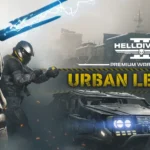 Trang bìa gói chiến đấu cao cấp Urban Legends trong game Helldivers 2, với hình ảnh một lính Helldiver cầm súng máy hạng nặng.