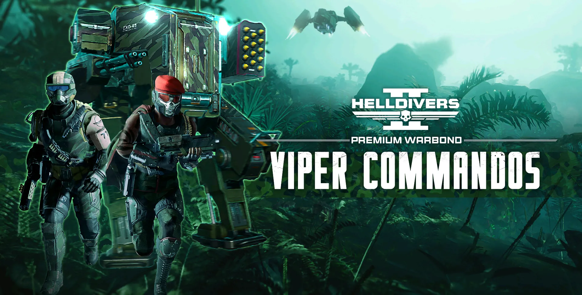 Trang bìa gói chiến đấu cao cấp Viper Commandos trong game Helldivers 2, với một lính Helldiver trong bộ giáp màu xanh lá cây và đen.