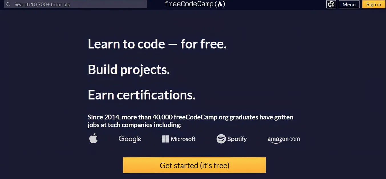 Trang chủ freeCodeCamp với các khóa học và dự án lập trình web miễn phí, giúp người học xây dựng kỹ năng qua thử thách thực tế.