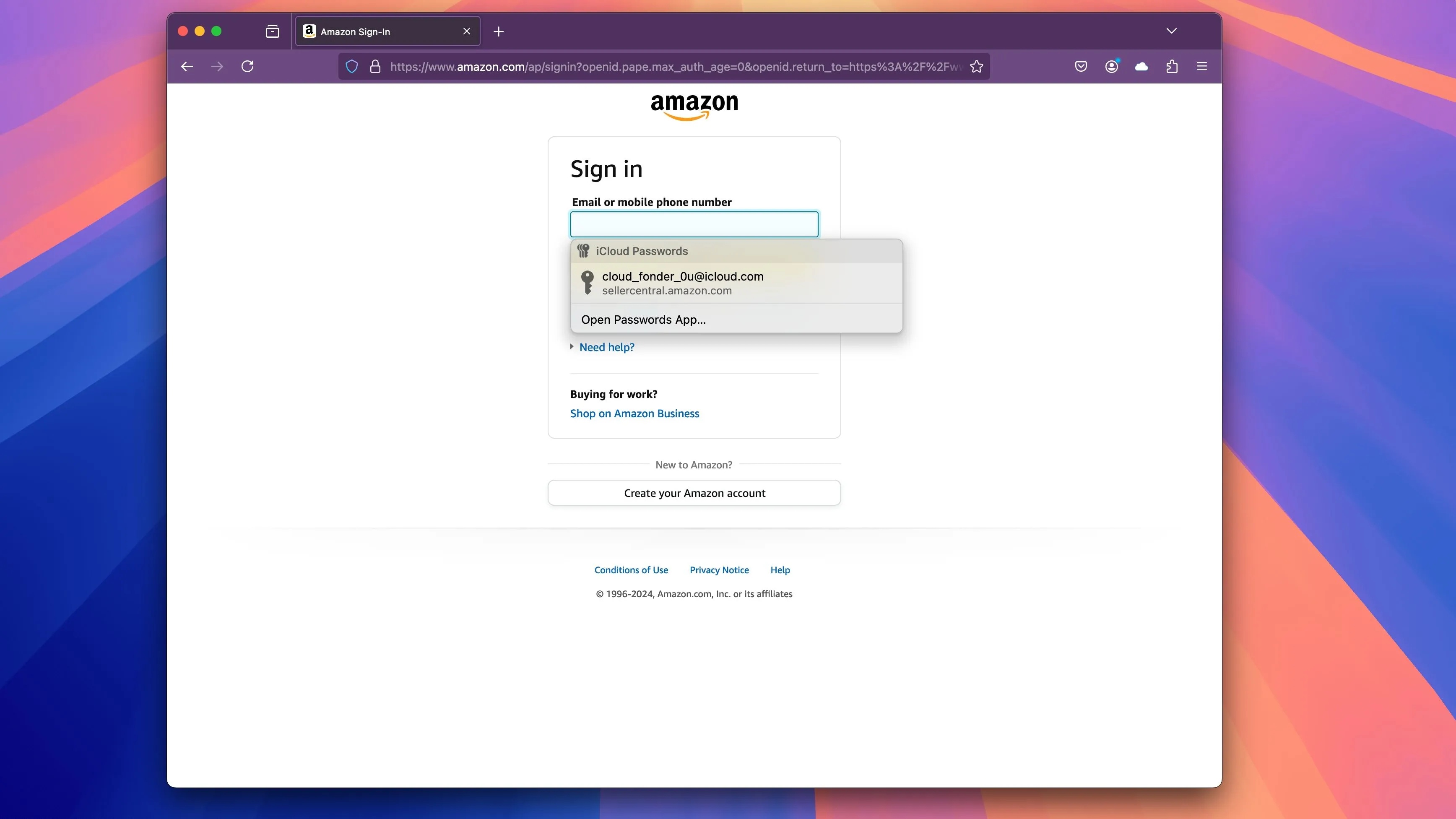Trang đăng nhập Amazon trên trình duyệt Firefox dành cho Mac.