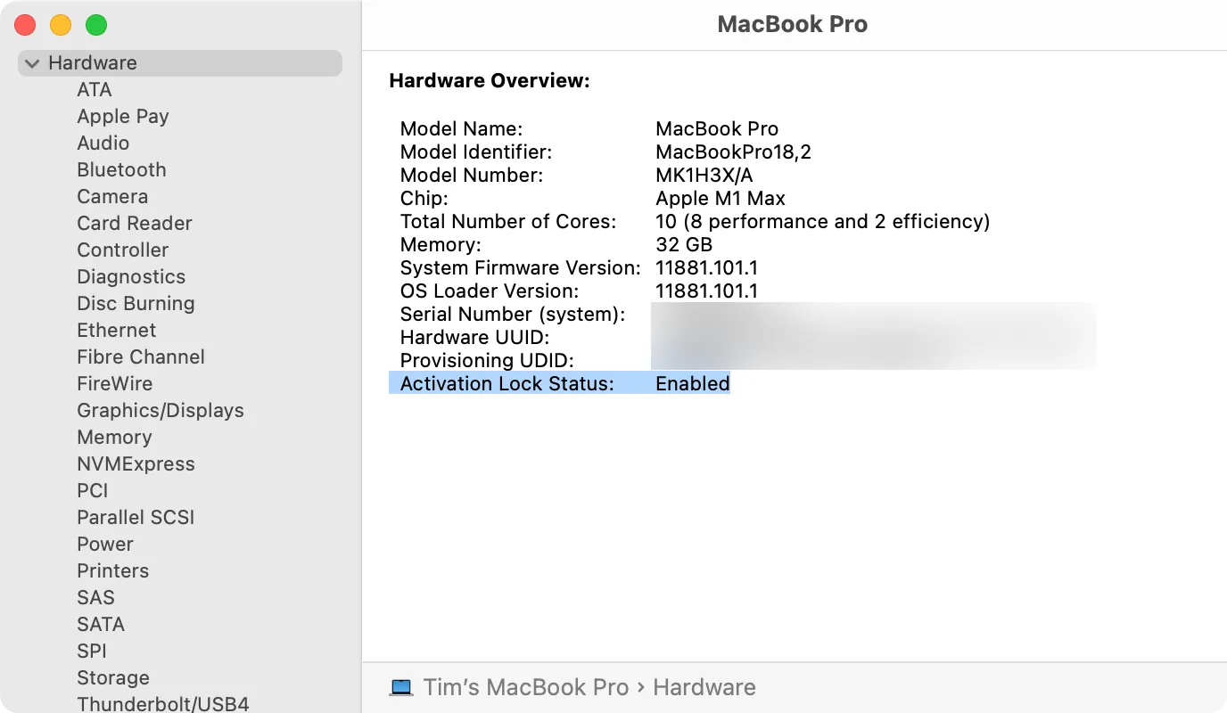 Trạng thái Activation Lock trên một chiếc MacBook Pro, hiển thị trạng thái &quot;Disabled&quot; (Vô hiệu hóa) cho biết máy không bị khóa.